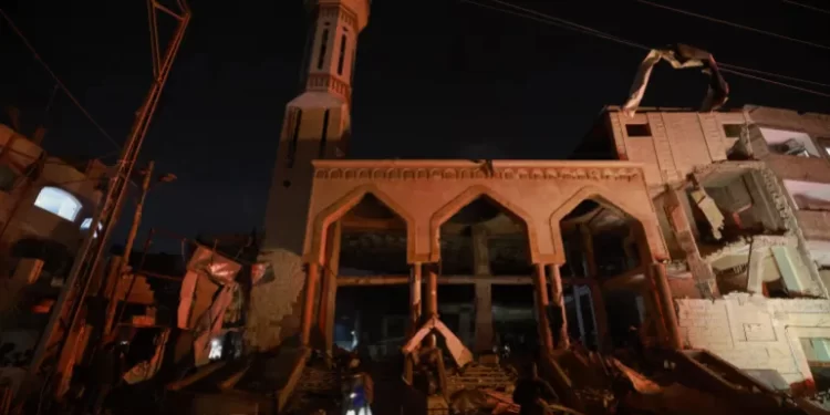 A destroyed mosque is seen following Israeli bombardments of Rafah in the southern Gaza Strip on Monday morning.