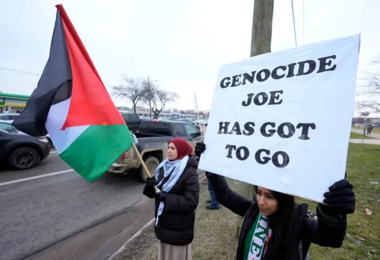 Biden's Popularity Fades Among Arab Americans 1 Pro-Palestinian demonstrators march during a visit by President Joe Biden in Warren, Michigan, on Thursday, February 1, 2024.