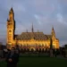Journalists outside the Peace Palace, housing the ICJ in The Hague.