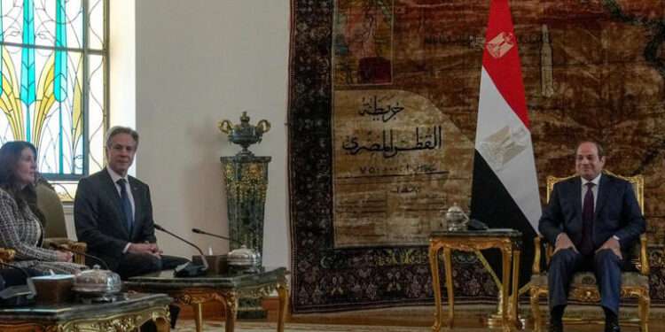 U.S. Secretary of State, Antony Blinken flanked by U.S. Ambassador to Egypt Herro Mustafa Garg meets with Egyptian President Abdel Fattah Al-Sissi at Al-Ittihadiya Palace in Cairo, Egypt, February 6, 2024.