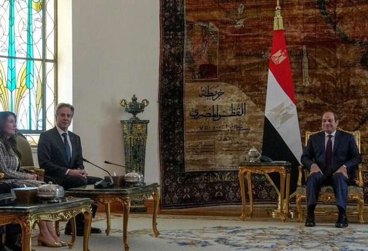 U.S. Secretary of State, Antony Blinken flanked by U.S. Ambassador to Egypt Herro Mustafa Garg meets with Egyptian President Abdel Fattah Al-Sissi at Al-Ittihadiya Palace in Cairo, Egypt, February 6, 2024.