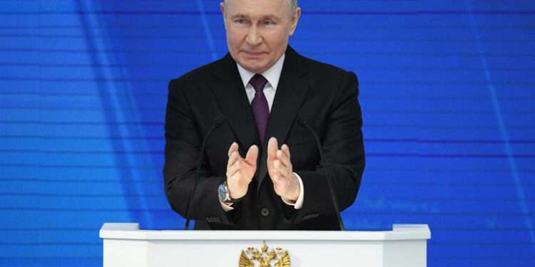 Russian President Vladimir Putin delivers his state-of-the-nation address in Moscow, Russia, Thursday, Feb. 29, 2024.