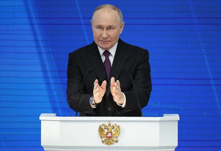Putin Delivers State Of The Nation Address 1 Russian President Vladimir Putin delivers his state-of-the-nation address in Moscow, Russia, Thursday, Feb. 29, 2024.