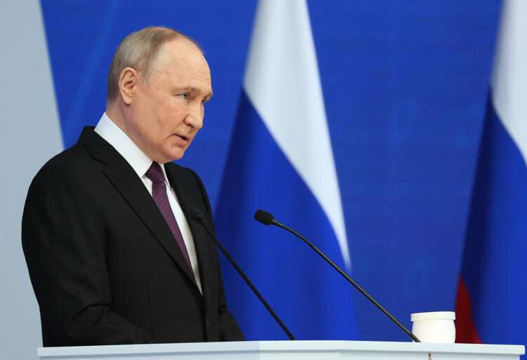 Putin Warns Of Nuclear War Risk 1 Russian President, Vladimir Putin delivers his state-of-the-nation address in Moscow, Russia, Thursday, Feb. 29, 2024.