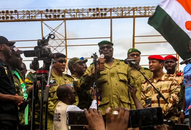 Members of a military council at a stadium in Niamey, Niger