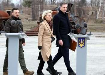 Ukraine President Volodymyr Zelenskyy, European Commission President Ursula Von der Leyen and Prime Minister Alexander De Croo pictured during a joint meeting in Kyiv, Ukraine.