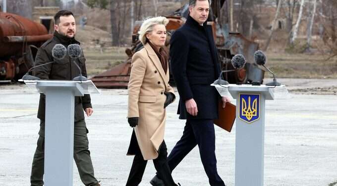 Ukraine President Volodymyr Zelenskyy, European Commission President Ursula Von der Leyen and Prime Minister Alexander De Croo pictured during a joint meeting in Kyiv, Ukraine.