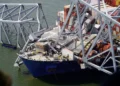 An aerial view of the Dali cargo vessel which crashed into the Francis Scott Key Bridge, causing it to collapse in Baltimore, Maryland, United States, on March 26, 2024.