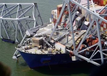 An aerial view of the Dali cargo vessel which crashed into the Francis Scott Key Bridge, causing it to collapse in Baltimore, Maryland, United States, on March 26, 2024.