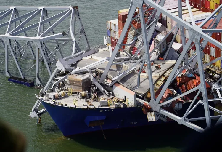 An aerial view of the Dali cargo vessel which crashed into the Francis Scott Key Bridge, causing it to collapse in Baltimore, Maryland, United States, on March 26, 2024.