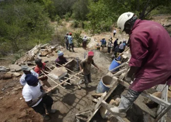 A sand dam under construction in Kenya