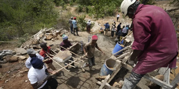 A sand dam under construction in Kenya
