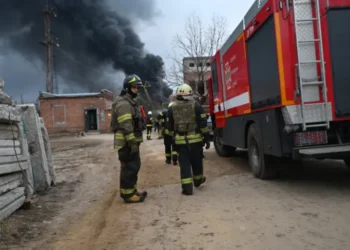 A fire is seen at an electrical substation after a missile attack in Kharkiv, amid the Russian invasion in Ukraine.