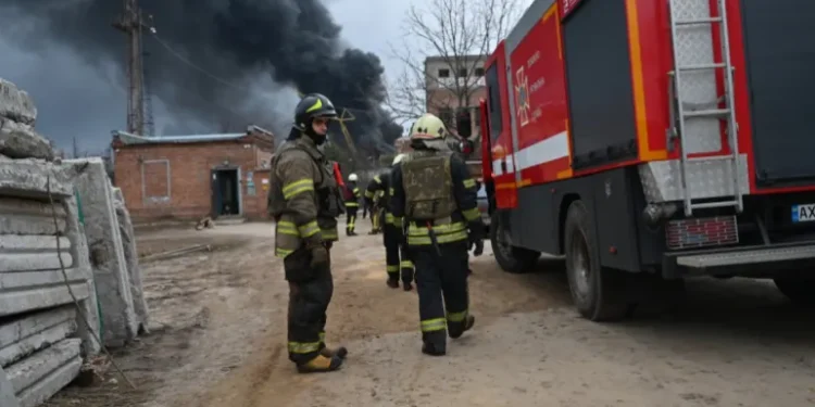 A fire is seen at an electrical substation after a missile attack in Kharkiv, amid the Russian invasion in Ukraine.