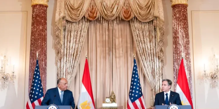 Egyptian Foreign Minister Sameh Shoukry, left, with US Secretary of State, Antony Blinken.