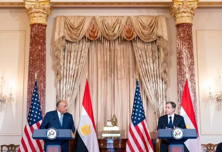 Egyptian Foreign Minister Sameh Shoukry, left, with US Secretary of State, Antony Blinken.
