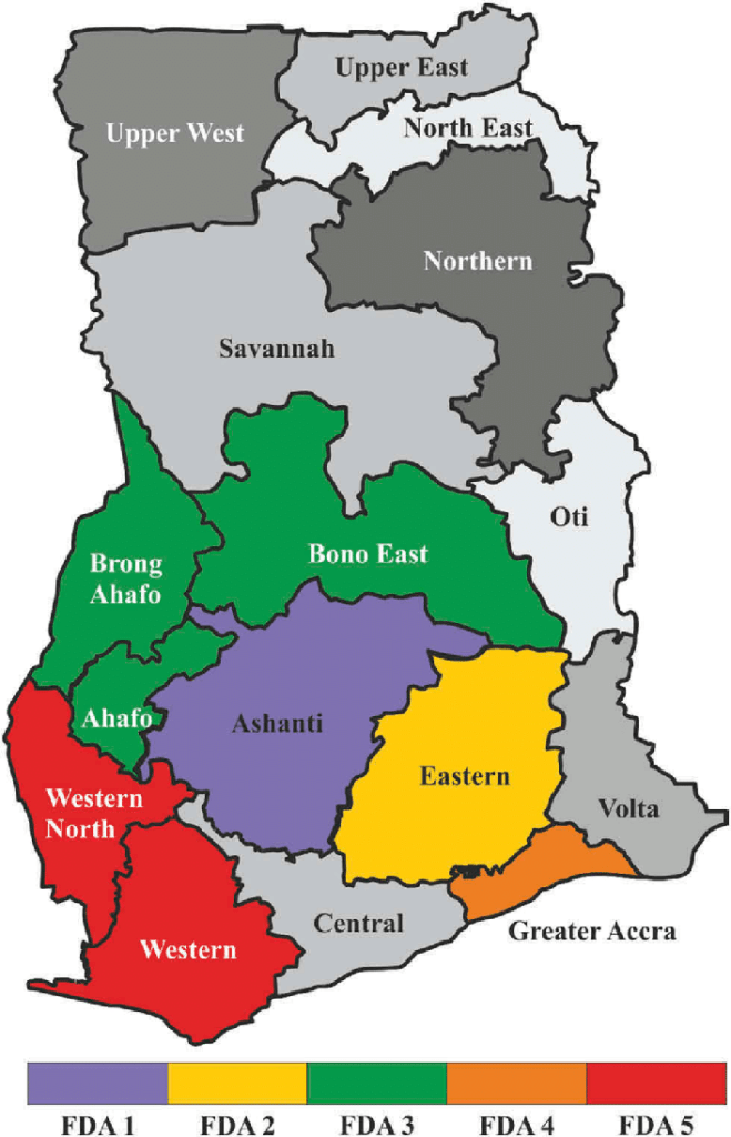 Administrative map of Ghana and its sixteen different regions The indicated coloured