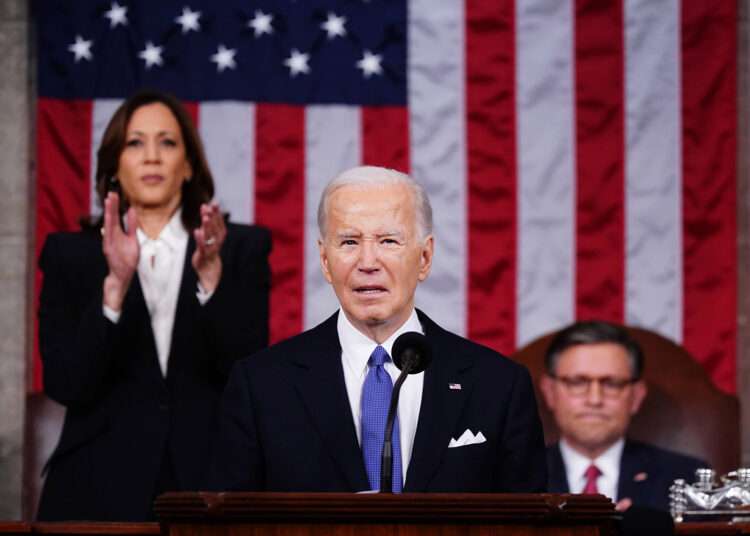 U.S President Joe Biden delivers the annual State of the Union address before a joint session of Congress in the House chamber at the Capital building on March 7, 2024 in Washington, DC.
