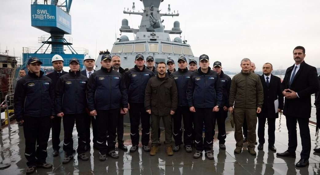 President Volodomyr Zelenskyy and Ukrainian navy personnel.
