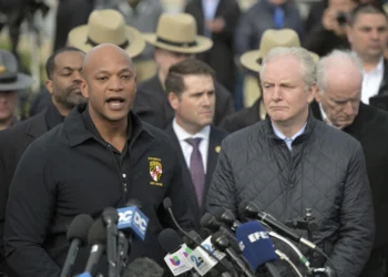 Maryland Governor, Wes Moore (left) speaks during a press conference near the scene of the bridge collapse on Tuesday, March 26, 2024.