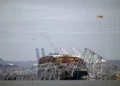 view of the Dali cargo vessel which crashed into the Francis Scott Key Bridge, causing it to collapse in Baltimore, Maryland, United States, on March 26, 2024.