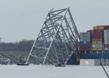 view of the Dali cargo vessel which crashed into the Francis Scott Key Bridge, causing it to collapse in Baltimore, Maryland, United States, on March 26, 2024.