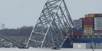 view of the Dali cargo vessel which crashed into the Francis Scott Key Bridge, causing it to collapse in Baltimore, Maryland, United States, on March 26, 2024.