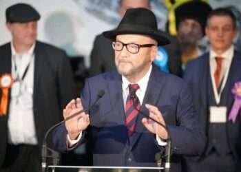 George Galloway making a speech after his victory