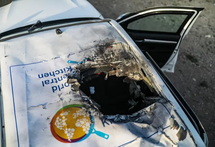 A destroyed car of the NGO World Central Kitchen near Deir el-Balah.