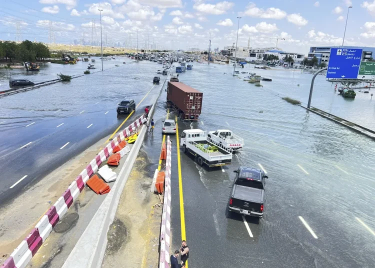 Cars are stuck on a flooded road after a rainstorm hit Dubai, United Arab Emirates on Wednesday.