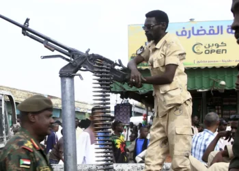 Sudanese security forces patrol in a commercial district in Gedaref city in eastern Sudan on April 3, 2024.