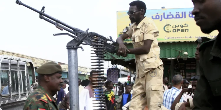 Sudanese security forces patrol in a commercial district in Gedaref city in eastern Sudan on April 3, 2024.