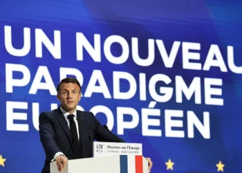 French President Emmanuel Macron speaks at Sorbonne University in Paris.