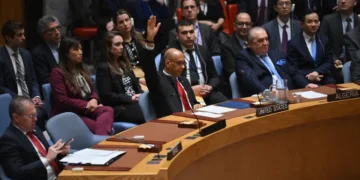 US deputy ambassador to the UN, Robert Wood, votes against a resolution allowing Palestinian UN membership at the UN headquarters in New York, on April 18, 2024, during a UN Security Council meeting.