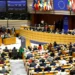 European Parliament President Roberta Metsola, centre right, chairs as Members of European Parliament participate in a series of votes during a plenary session at the European Parliament in Brussels.