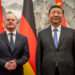 Germany Seeks China's Input In Achieving Peace In Ukraine 12 Chinese President Xi Jinping (R) welcomes German Chancellor Olaf Scholz at the State Guest House.