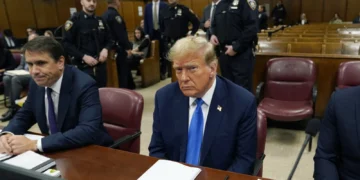 Former President Donald Trump awaits the start of proceedings during jury selection at Manhattan criminal court, Thursday, April 18, 2024 in New York.