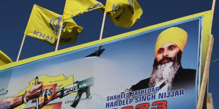 A mural features the image of late Canadian Sikh leader Hardeep Singh Nijjar, who was killed on the grounds of the Guru Nanak Sikh Gurdwara temple in British Columbia in June 2023.