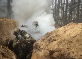 Ukrainian servicemen take part in radiation, chemical and biological hazard drills.