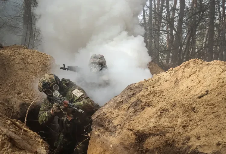 Ukrainian servicemen take part in radiation, chemical and biological hazard drills.