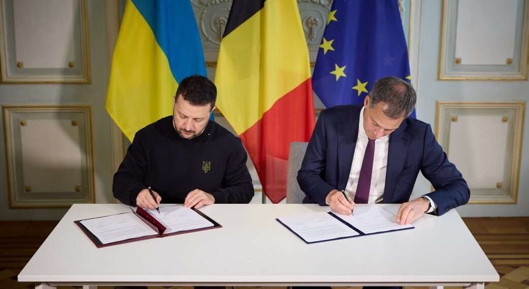 President of Ukraine, Volodymyr Zelenskyy and Prime Minister of Belgium Alexander De Croo sign a bilateral Agreement on Security Cooperation and Long-Term Support in Brussels.