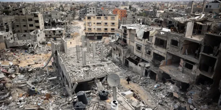 A picture shows a view of a devastated neighbourhood in Khan Younis in the southern Gaza Strip.