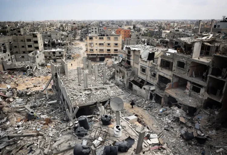 A picture shows a view of a devastated neighbourhood in Khan Younis in the southern Gaza Strip.