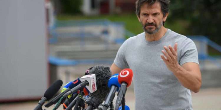 Robert Kalinak, Slovakia's Deputy Prime Minister and Minister of Defence, informs about the current health condition of Prime Minister Robert Fico during a briefing in front of the Roosevelt Hospital.