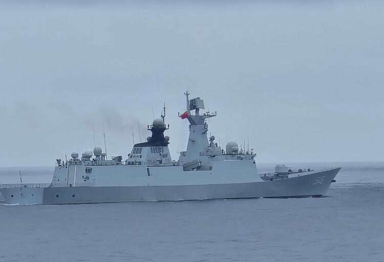 This handout photo taken and released by the Taiwan Coast Guard on May 23, 2024 shows a Chinese military ship northwest of Pengjia Island, off the coast of northern Taiwan.