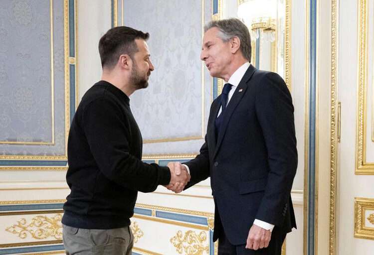Ukraine's President, Volodymyr Zelensky greets US Secretary of State, Antony Blinken prior to their meeting in Kyiv on May 14, 2024.