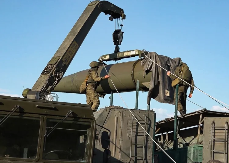 Russian soldiers on an Iskander missile launching system during the exercises.