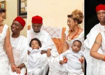 Regina Daniels with her husband, Ned Nwoko, and two children, Khalifa and Munir