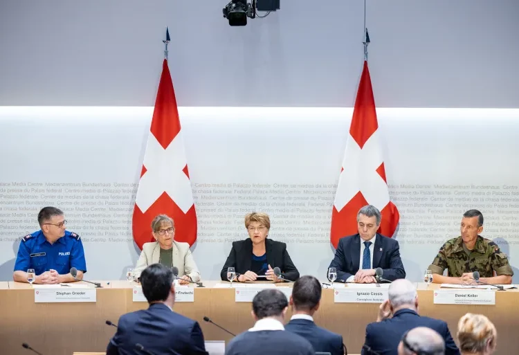 Swiss government and military officials attend a news conference to brief media ahead of the country's June 15-16 peace summit for Ukraine, in Bern, Switzerland, June 10, 2024.