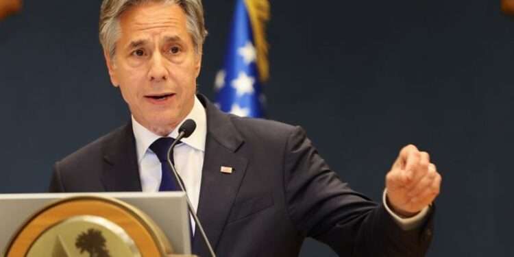 US Secretary of State,  Antony Blinken speaks at a joint press conference with the Qatari Prime Minister Sheikh Mohammed Bin Abdulrahman al-Thani in Doha, Qatar.